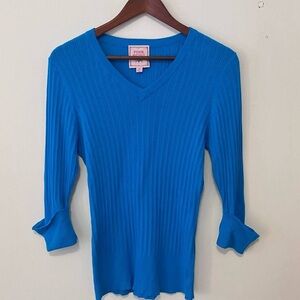 Blue Ribbed V-Neck Sweater